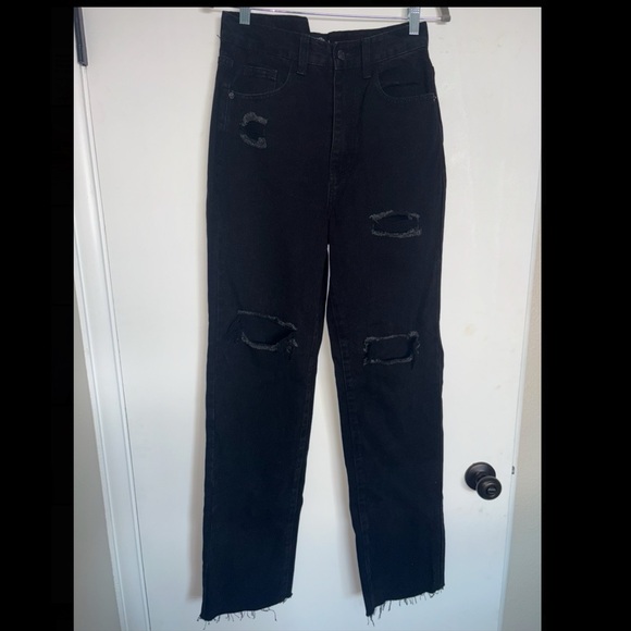 PLT Washed Black High Rise Ripped Straight Leg Jeans - Picture 2 of 5